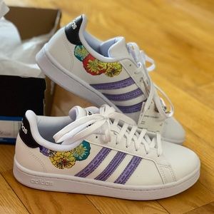 Adidas Grand Court Purpel White Classic Sneakers Floral Blooms